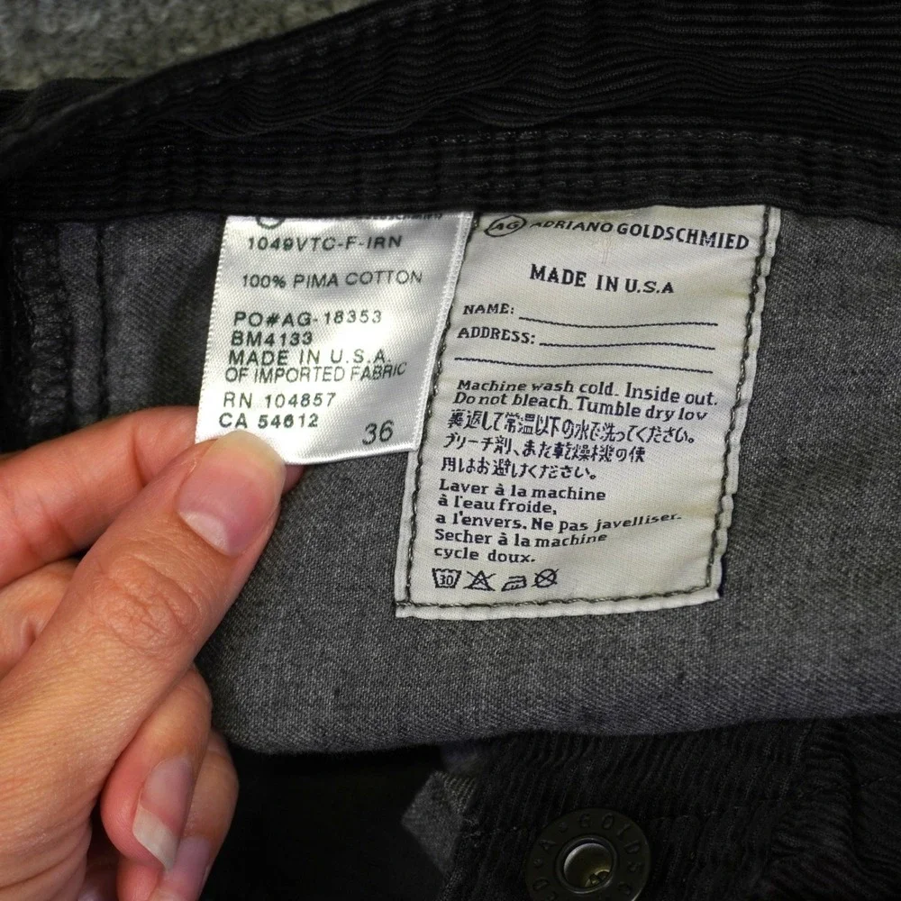 AG Adriano Goldschmied Pants Mens 36 (Fit 38x35) Gray Protege Straight Corduroy